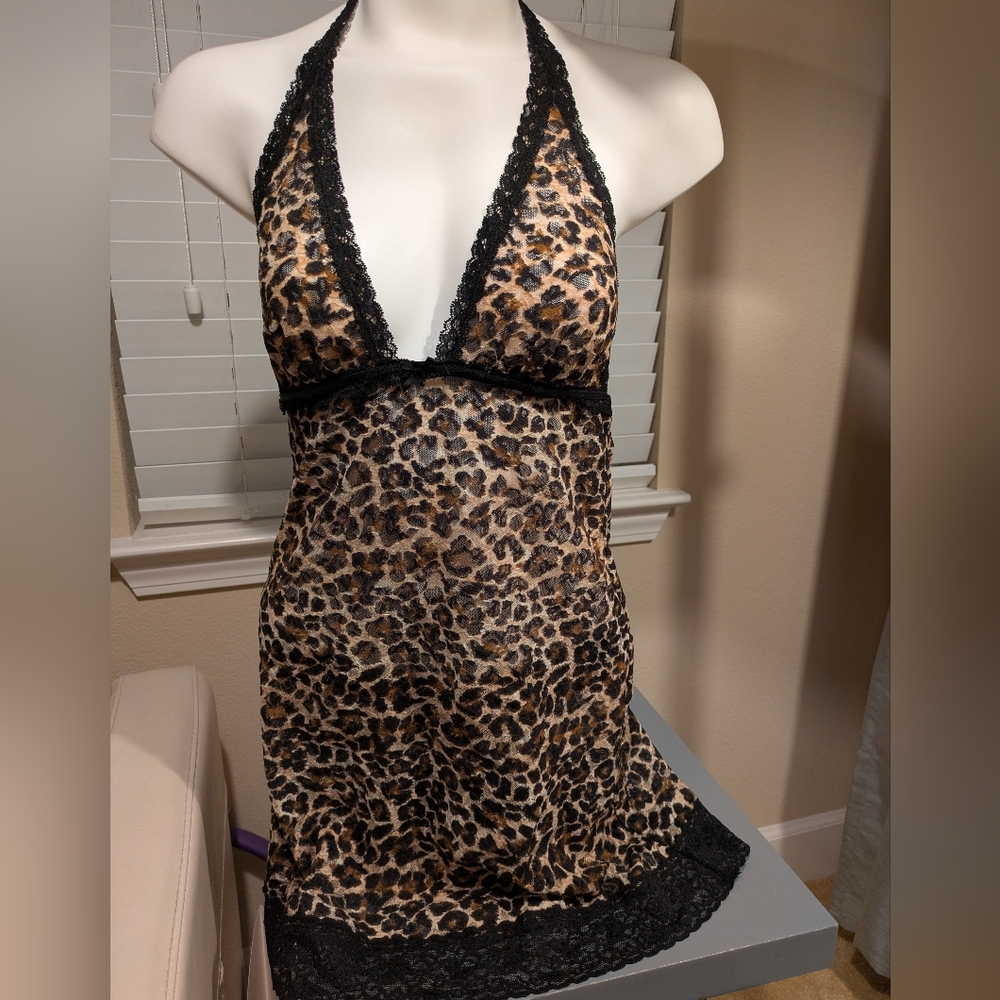 Victoria’s Secret Brown Black Cheetah Lace Lingerie Babydoll Slip Dress